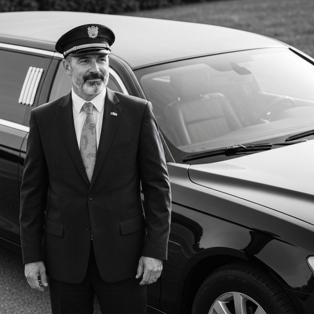 Professional Kingston Limo chauffeur in suit standing next to luxury limousine
